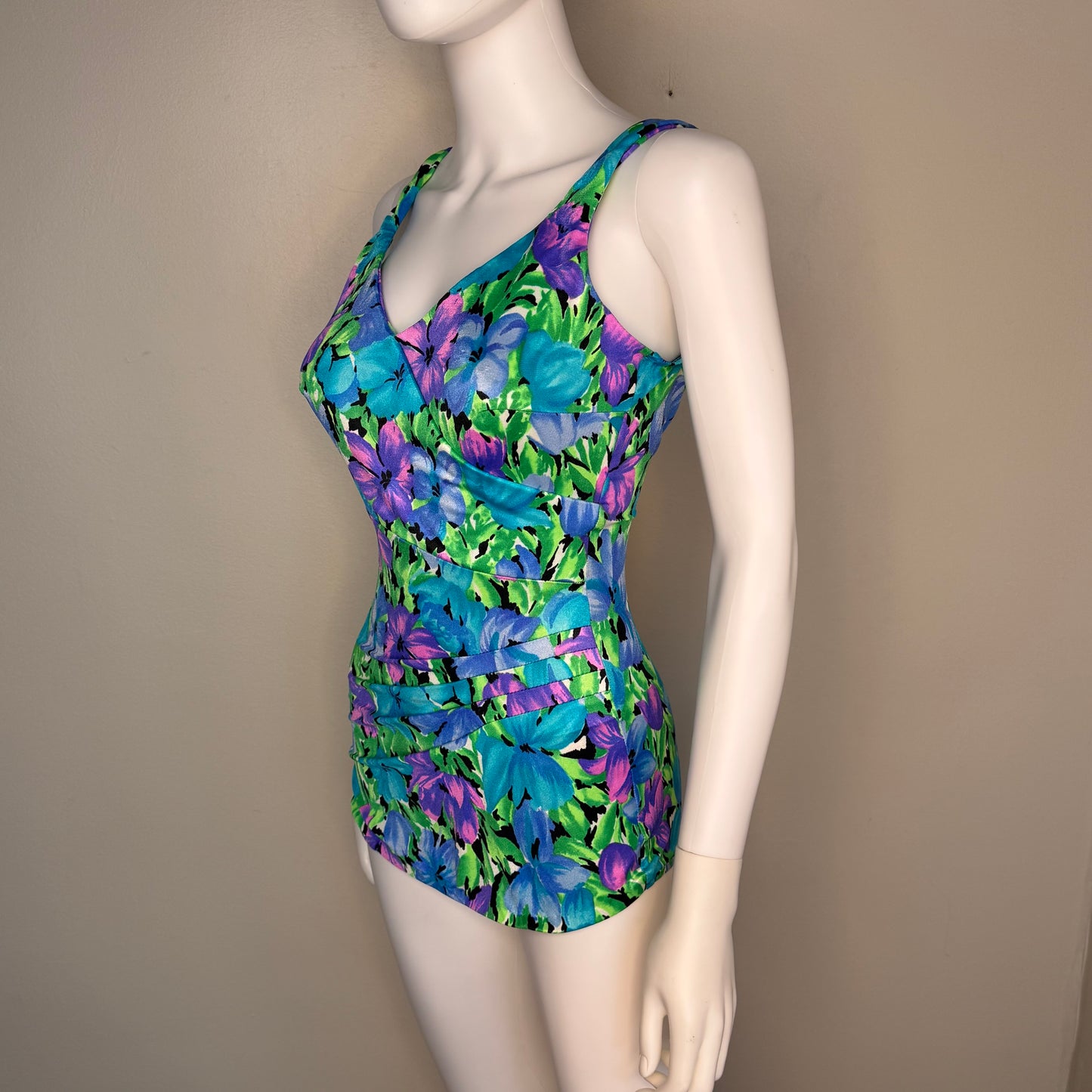 1990s Floral Swimsuit, Illusions by Catalina Size Small with D Cup, Deadstock New with Tag, 90s does 50s