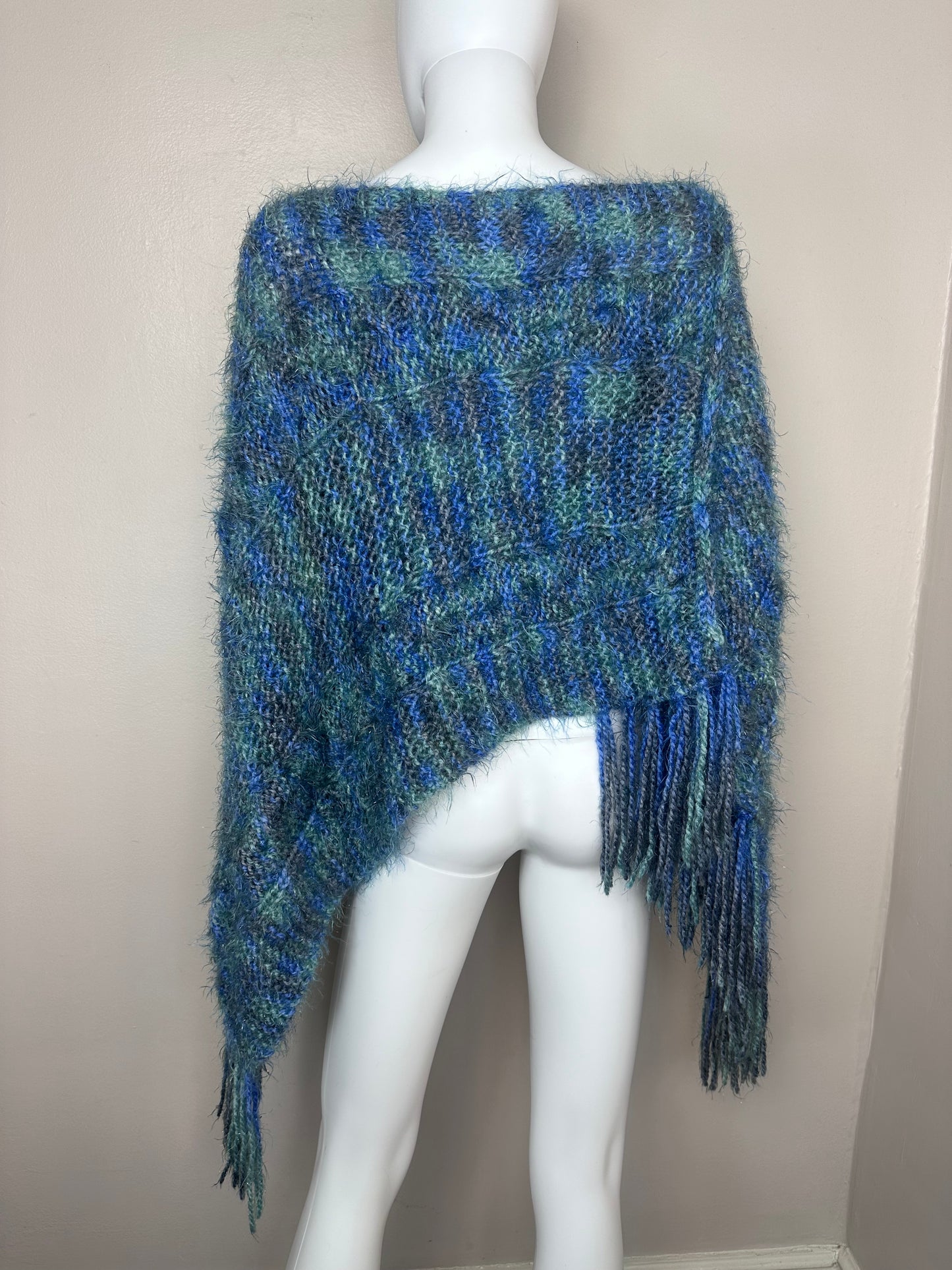 Vintage Blue and Green Space Dye Shawl, Handmade, One Size, Poncho, Cape