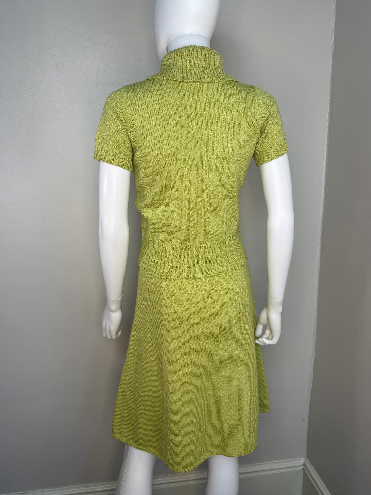 1960s/70s St John Knits Green Sleeveless Sweater Dress and Matching Short Sleeve Cardigan, Size XS-Small