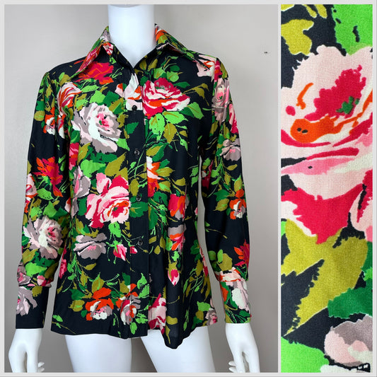 1970s Floral Nylon Blouse, Ship ‘n Shore Size M-L