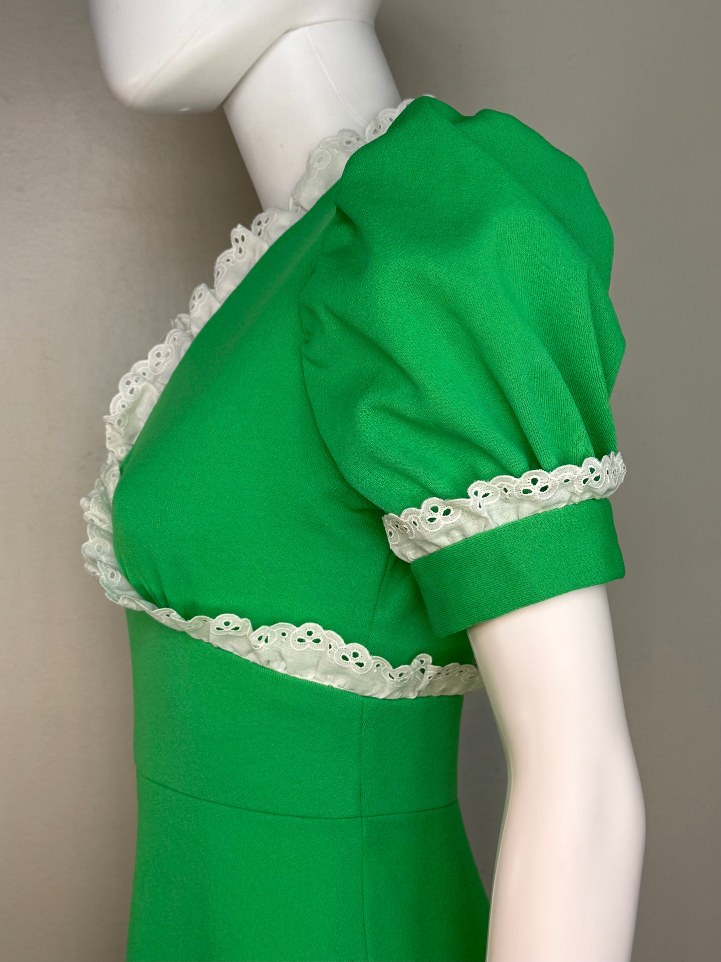 1970s Bright Green Maxi Dress with White Eyelet Trim, Homemade Size Small