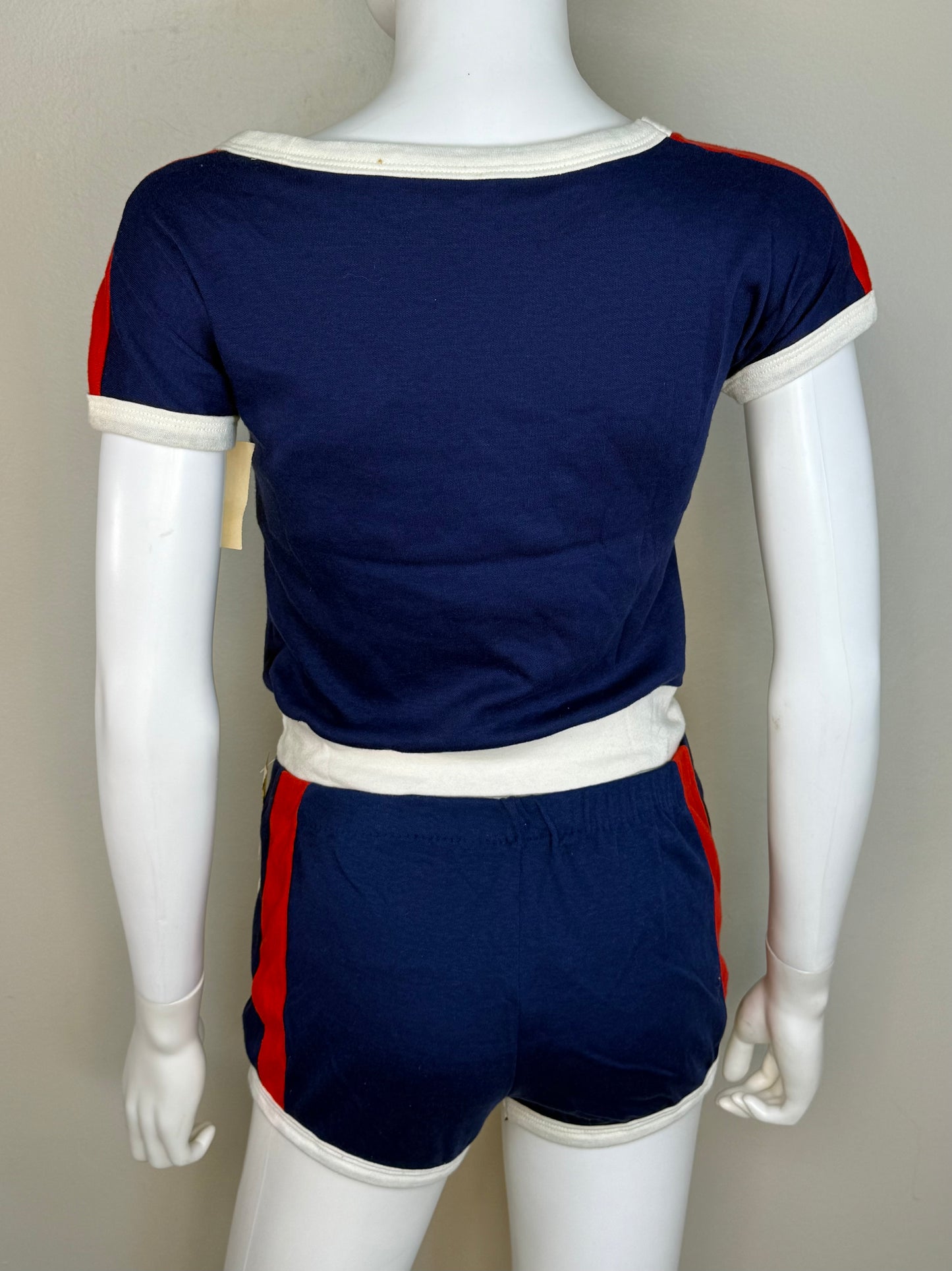 1970s/80s Blue Knit Top and Shorts Set with Red and White Stripes, Size XS-Small, Deadstock