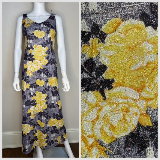 1970s Yellow Rose Print Lurex Maxi Dress, Size Medium