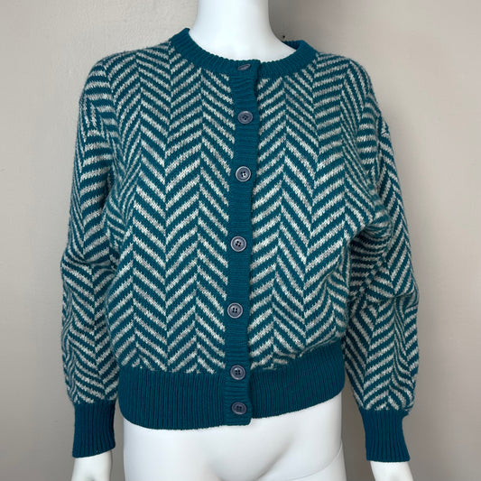 1990s Teal Chevron Cardigan Sweater, Loo & Boo Size Large