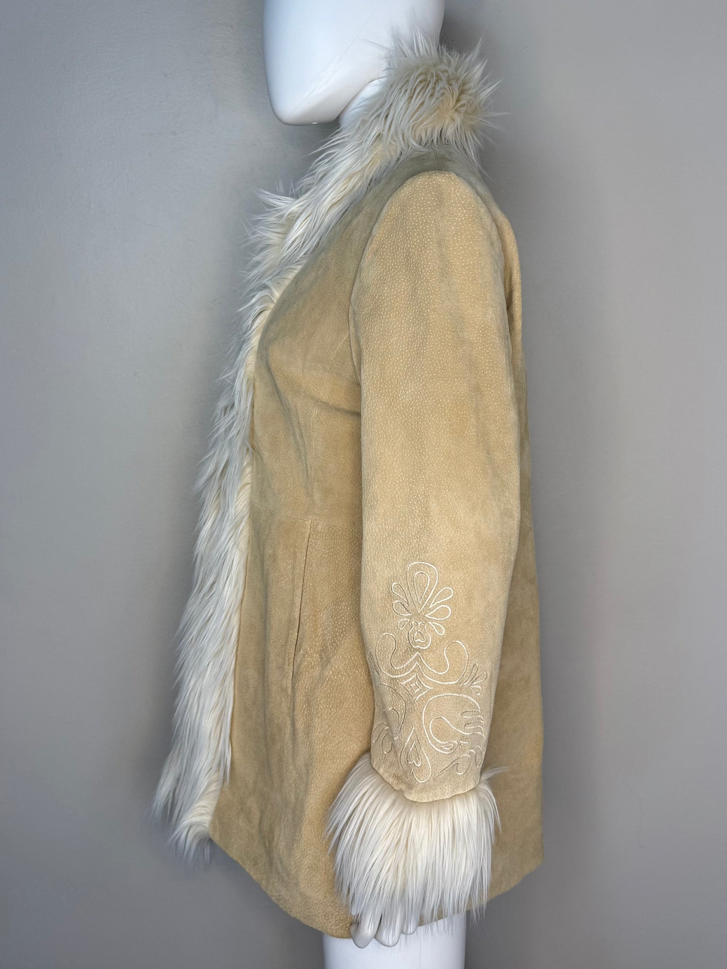 1990s/Y2K Leather and Faux Fur Penny Lane Coat, Embroidered, Mix It Size S/M, JCPenney, Deadstock New with Tags