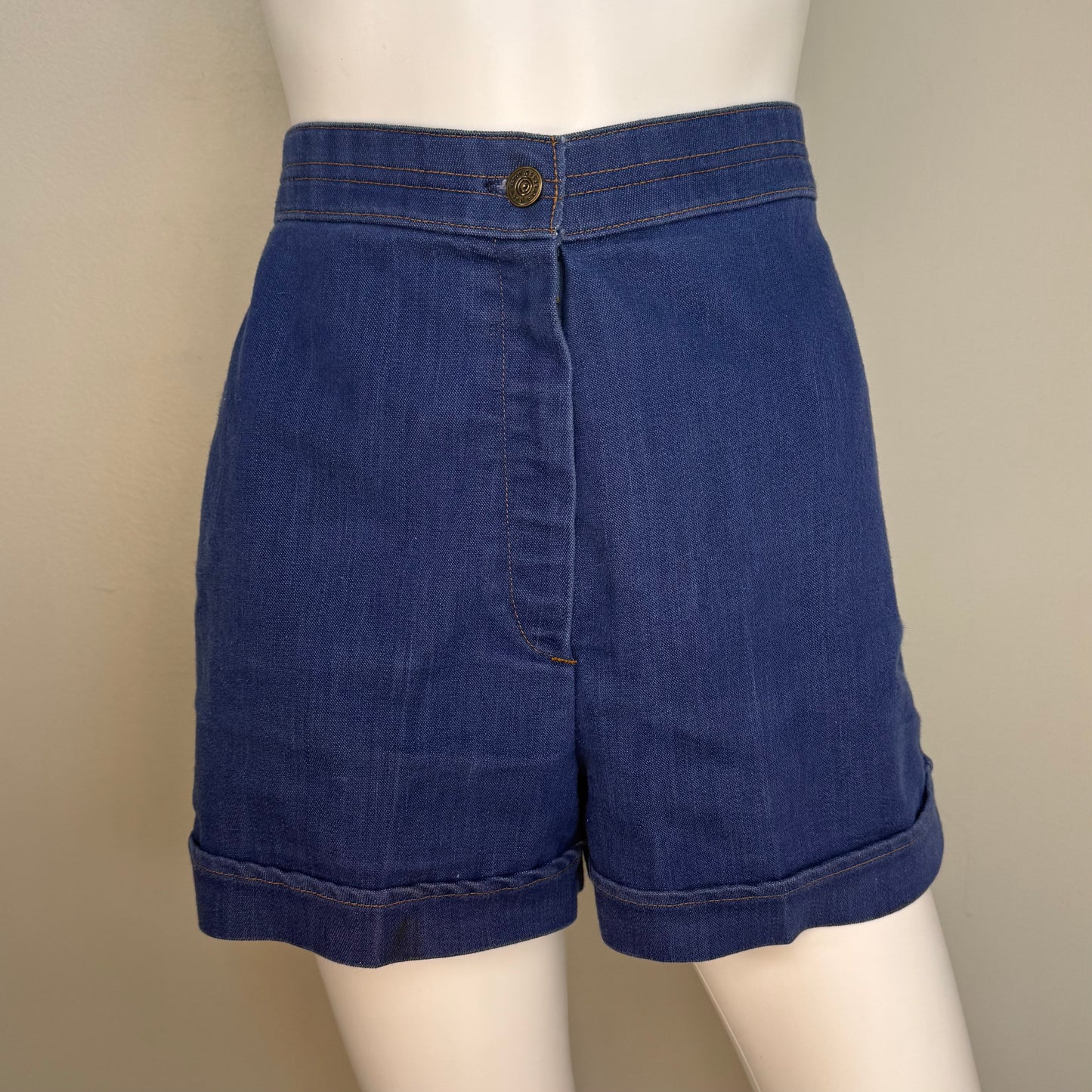 1970s High Waisted Denim Shorts, Cuffed, 26" Waist, Size XS/Small