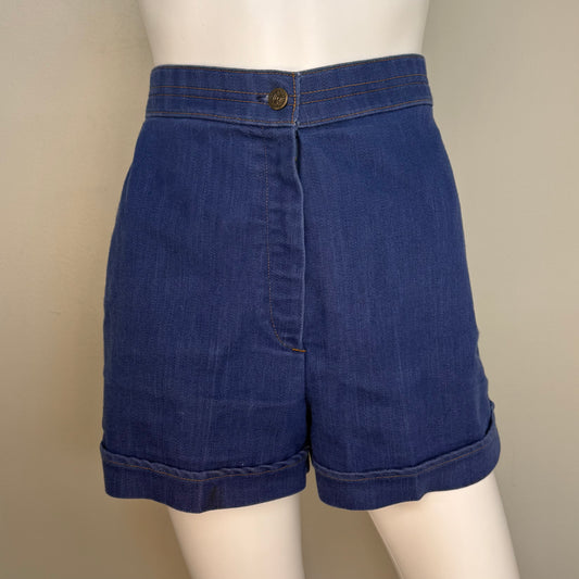 1970s High Waisted Denim Shorts, Cuffed, 26" Waist, Size XS/Small
