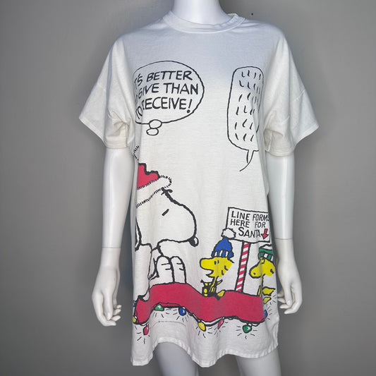 1980s Snoopy and Woodstock Christmas T-Shirt Nightgown, Peanuts Gang, Flirts, It's Better to Give than Receive