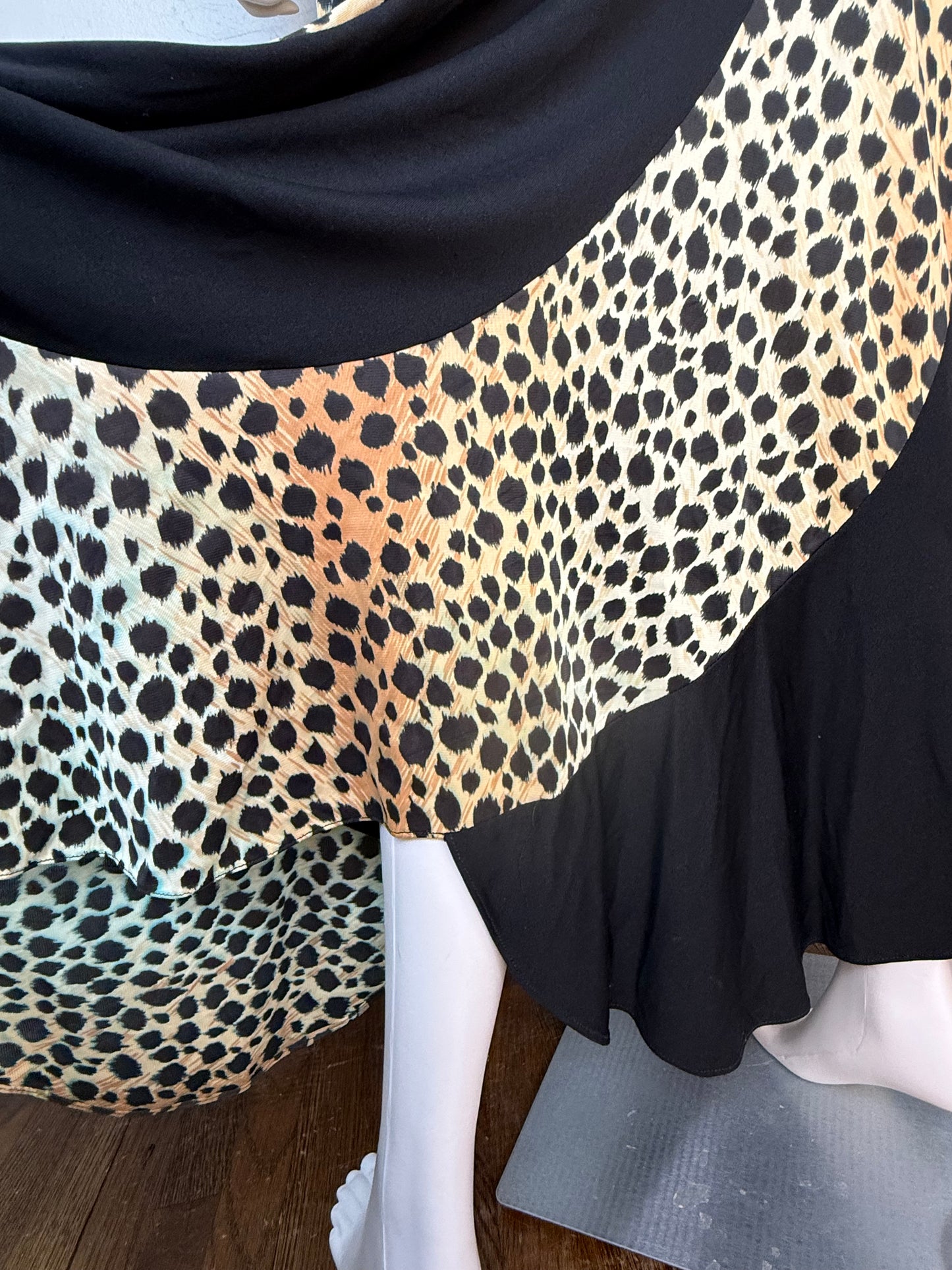 1970s Leopard Print Maxi Dress, Long Sleeve Turtleneck, Size Small, Curved Panel Skirt with Full Sweep