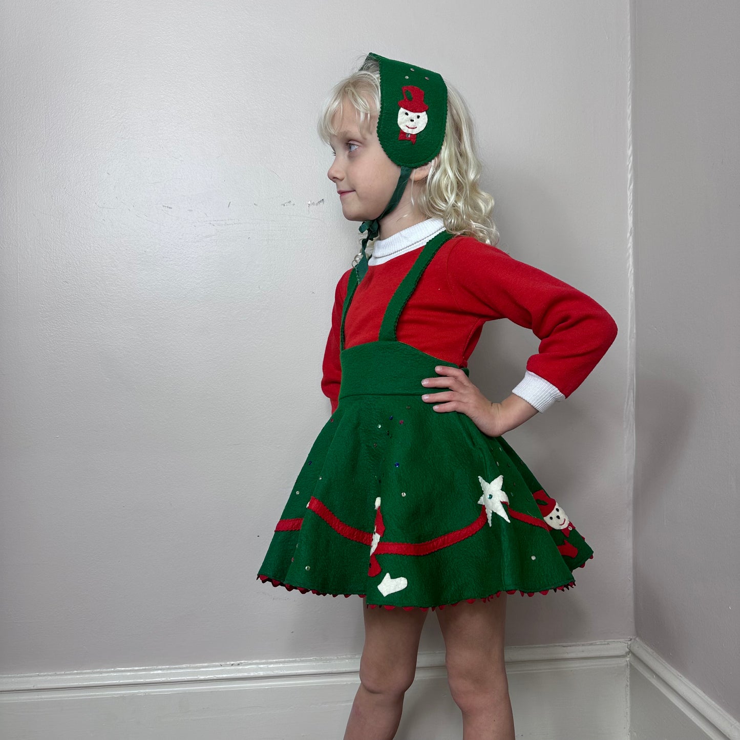 1950s Girls’ Kitschy Felt Christmas Suspenders Skirt with Matching Ear Muff, Handmade Size 4T