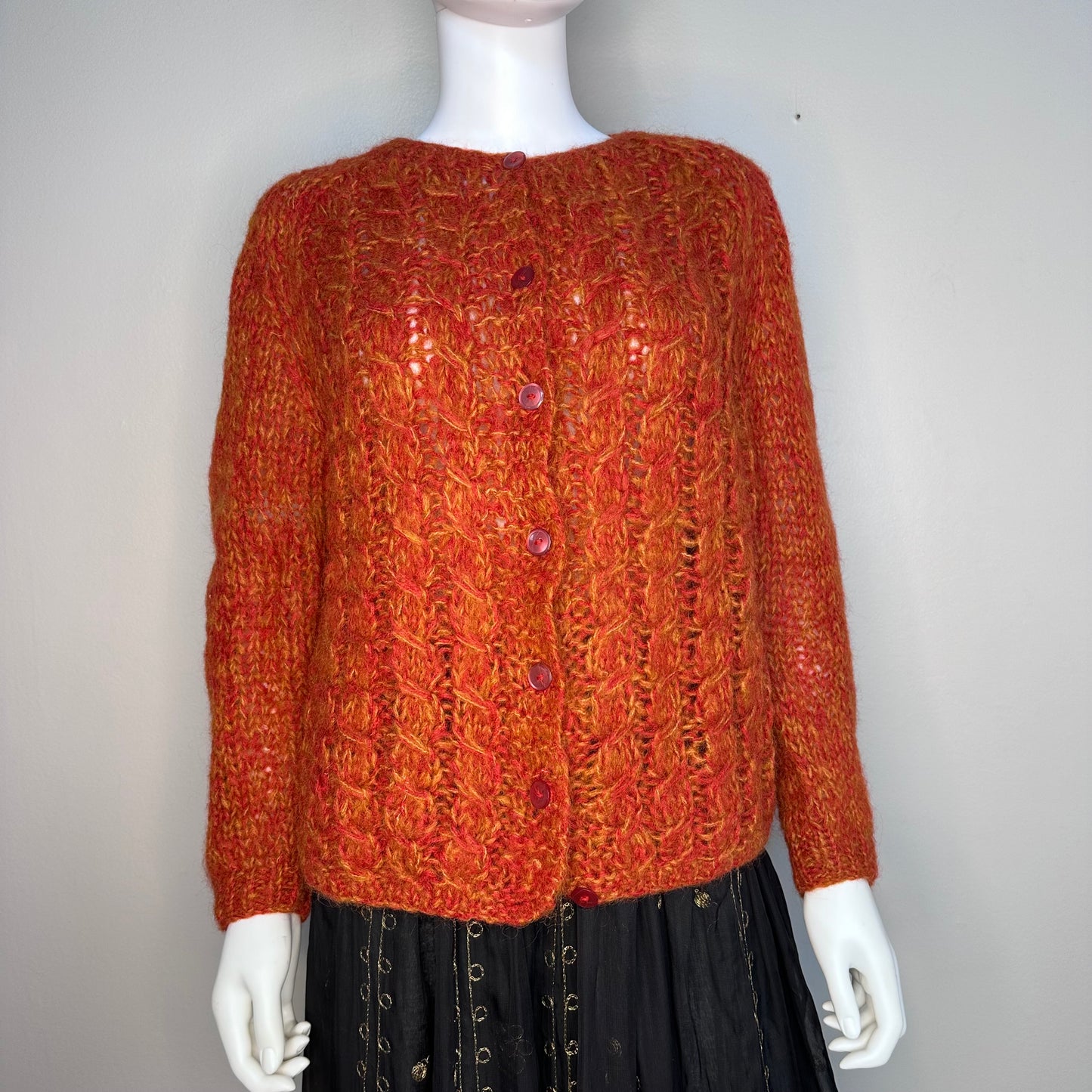 1960s Orange Cardigan Sweater, Size Large, Italian Hand Knit Wool Blend