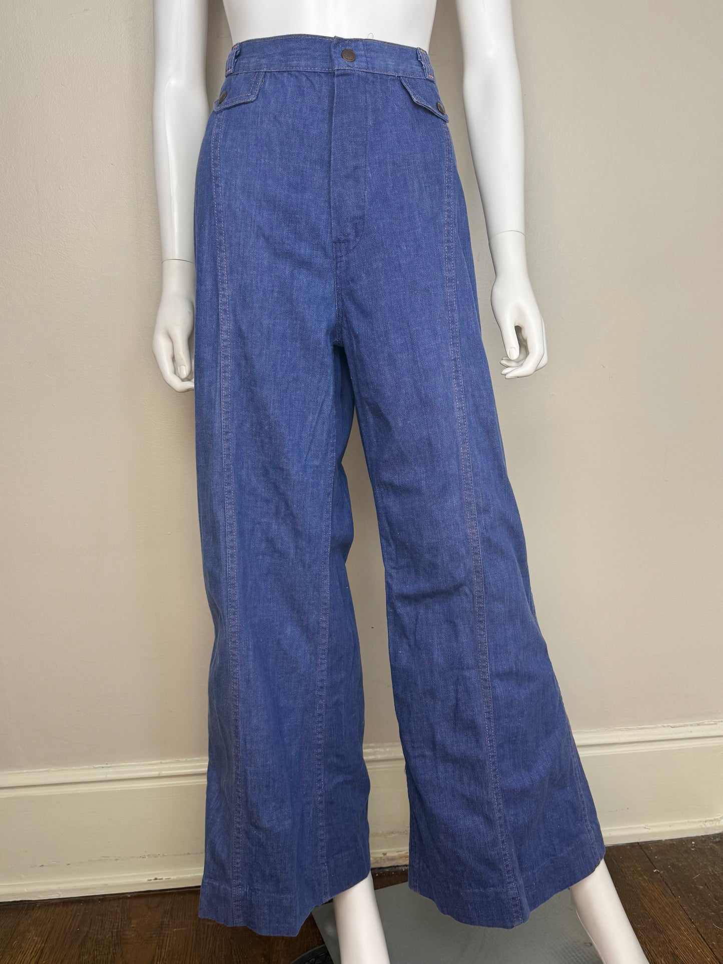 1970s Women’s Denim Suit, Shirt Jacket and Bell Bottom Blue Jeans Set, Sears Jr Bazaar Size Medium
