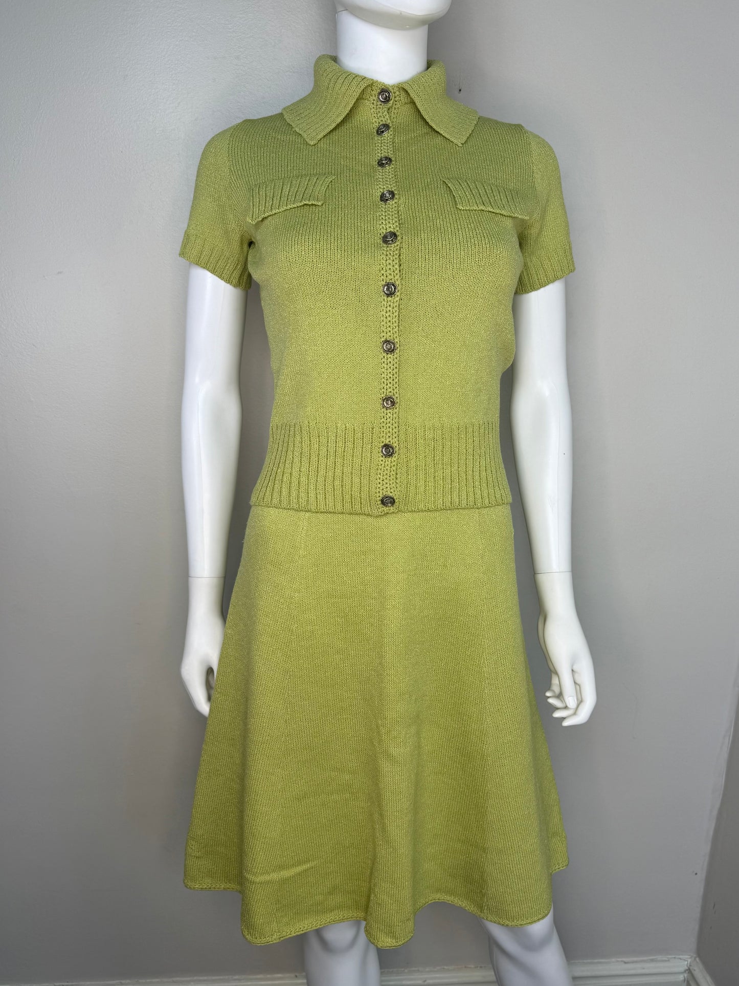 1960s/70s St John Knits Green Sleeveless Sweater Dress and Matching Short Sleeve Cardigan, Size XS-Small