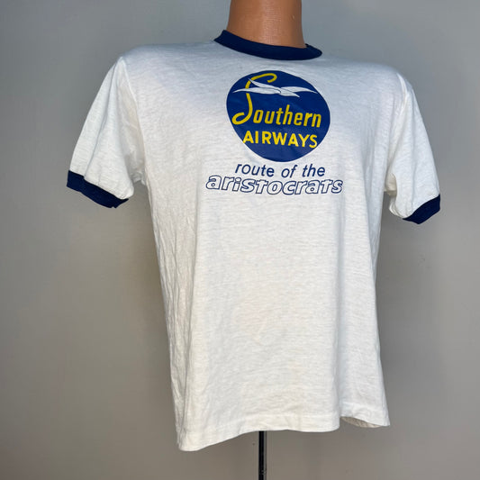 1980s Southern Airways Route of the Aristocats T-Shirt, Hanes Ringer Tee Size Large, Original 40s Logo
