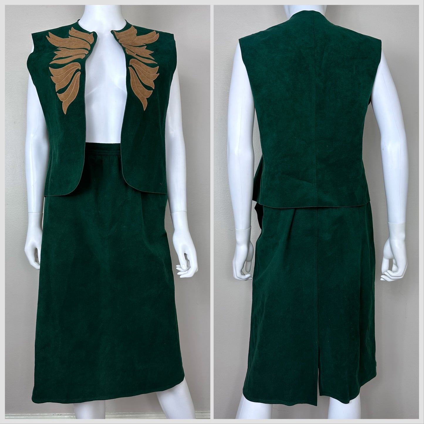 1980s Green Ultrasuede Vest and Skirt Set, Signatures by Russ Taylor Size Small-Medium