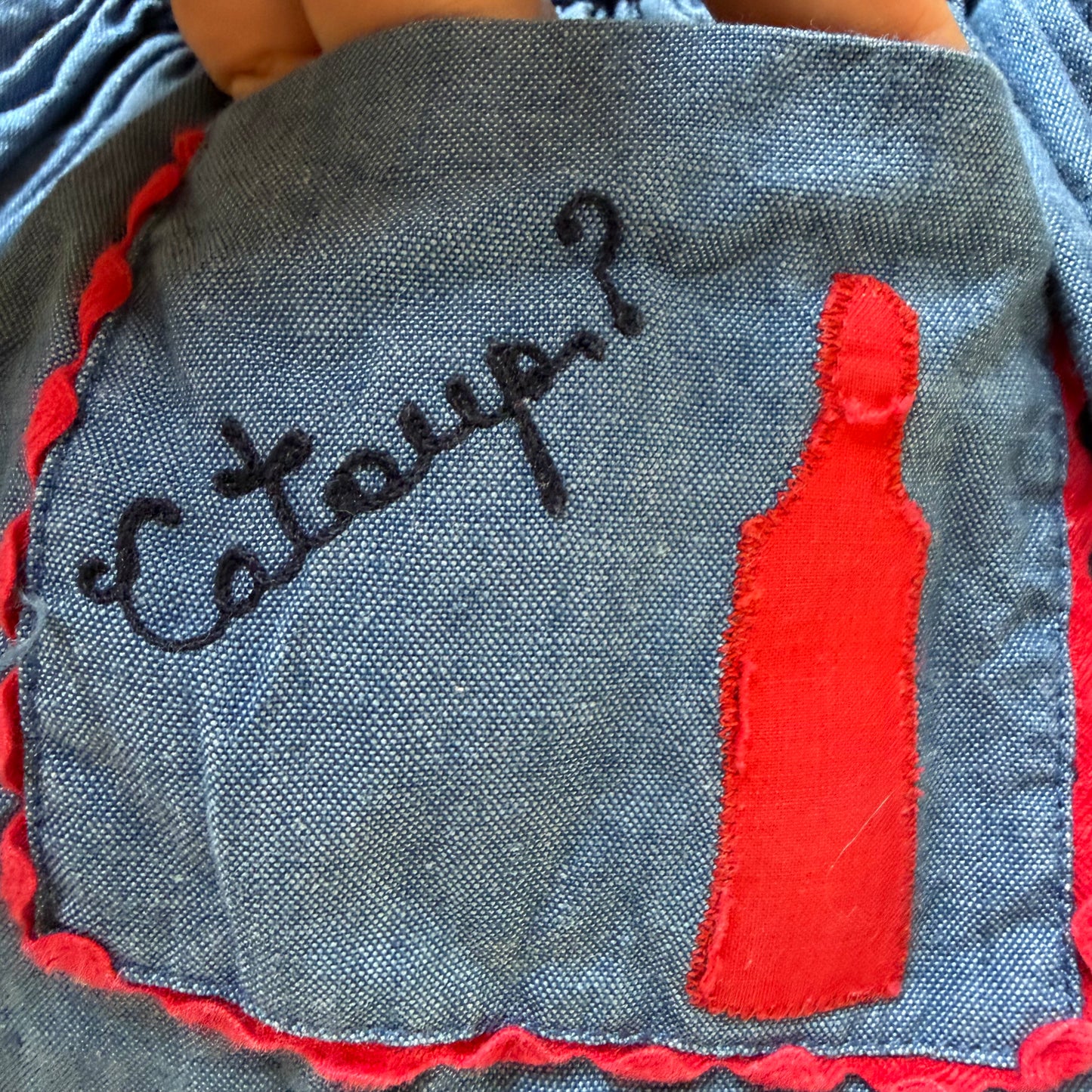 1950s Chambray Baby Dress, Hot Dog BBQ Applique, Full Skirt, Puff Sleeves, Rick Rack, Size 3-6 month