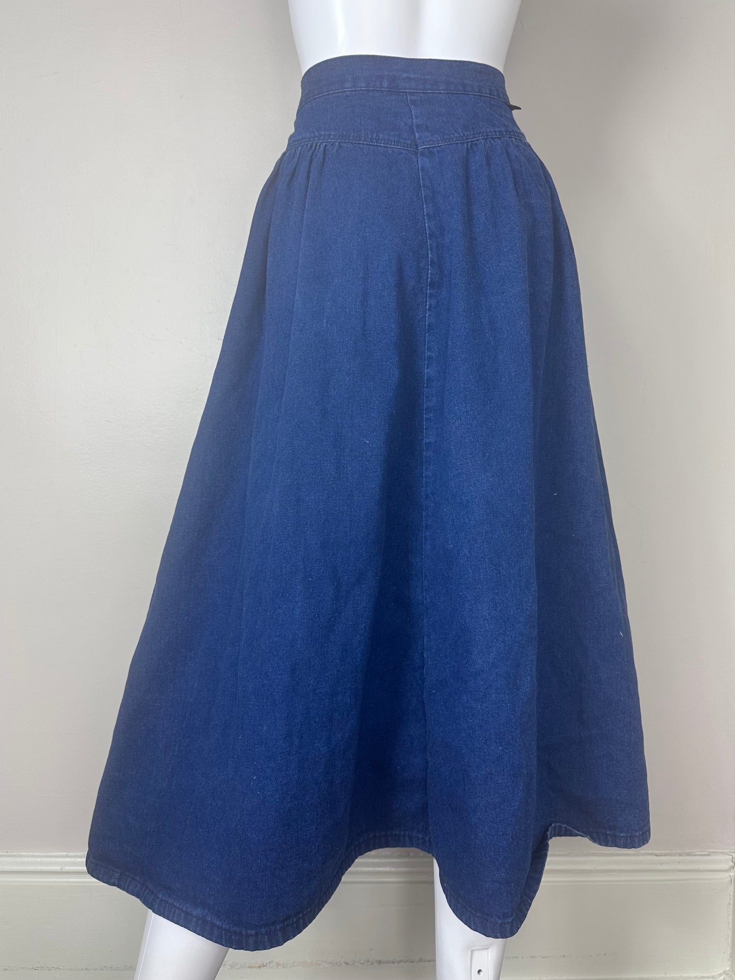1980s Denim Midi Skirt, Wrangler Size S/M, Full, Side Zip