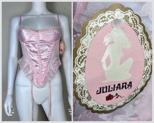 1980s Juliara Pink Lace and Satin Lingerie Set, Size XS, Bustier Thong Panties Thigh High Panty Hose, Deadstock with Tags