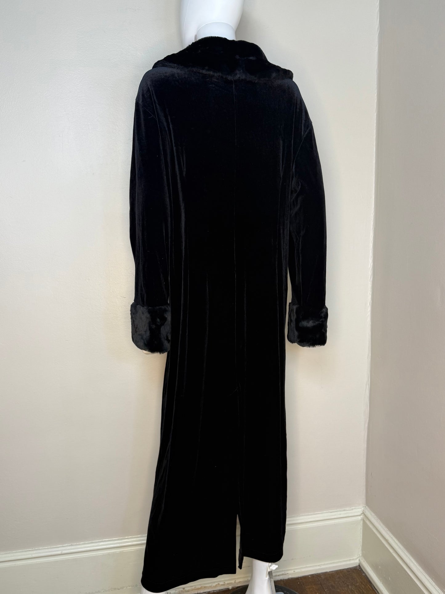 1990s/Y2K Black Stretch Velvet Duster Coat with Faux Fur Trim, bc Best Choice Size XL/XXL, 90s Goth