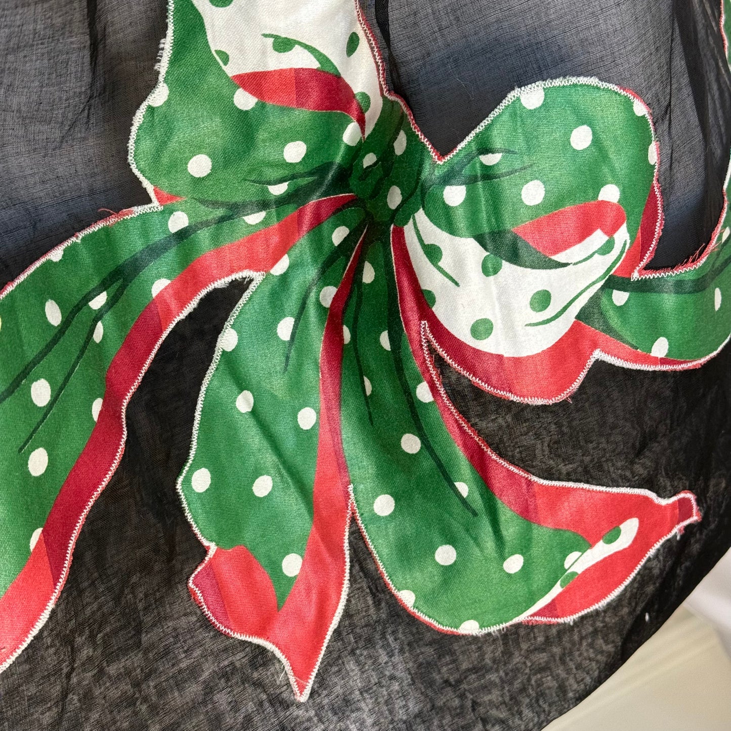 1950s Carmen Lee Half Apron, Christmas, Black Organza, Red and Green Polka Dot Bow Appliqué
