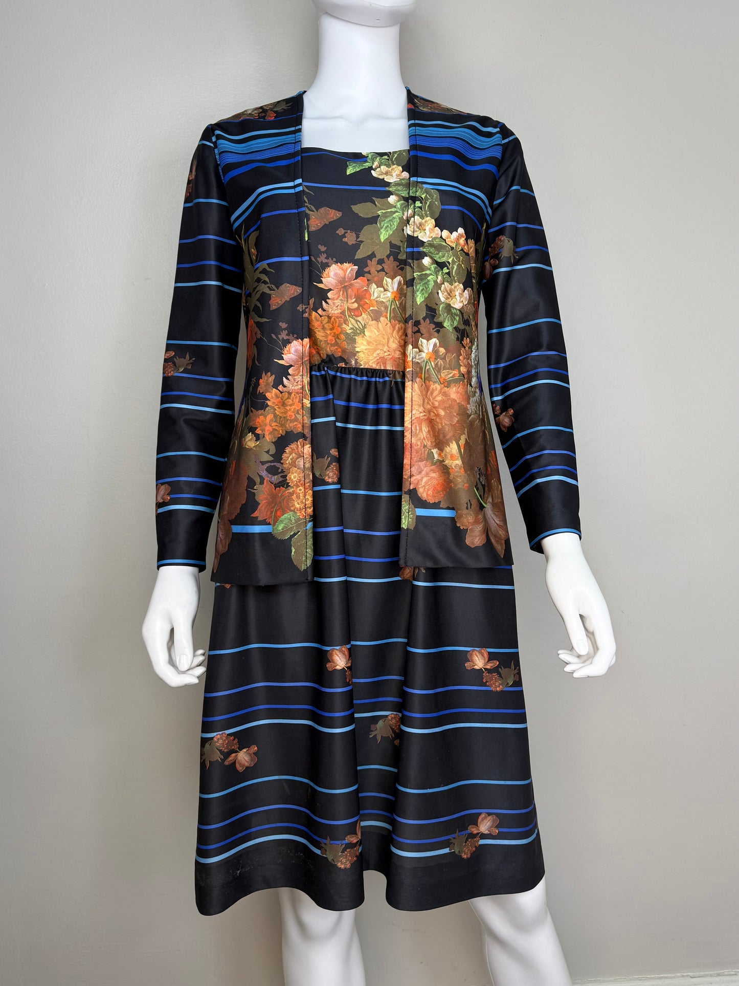 1970s Black Floral Sleeveless Dress with Matching Top, Vivente! Size XS