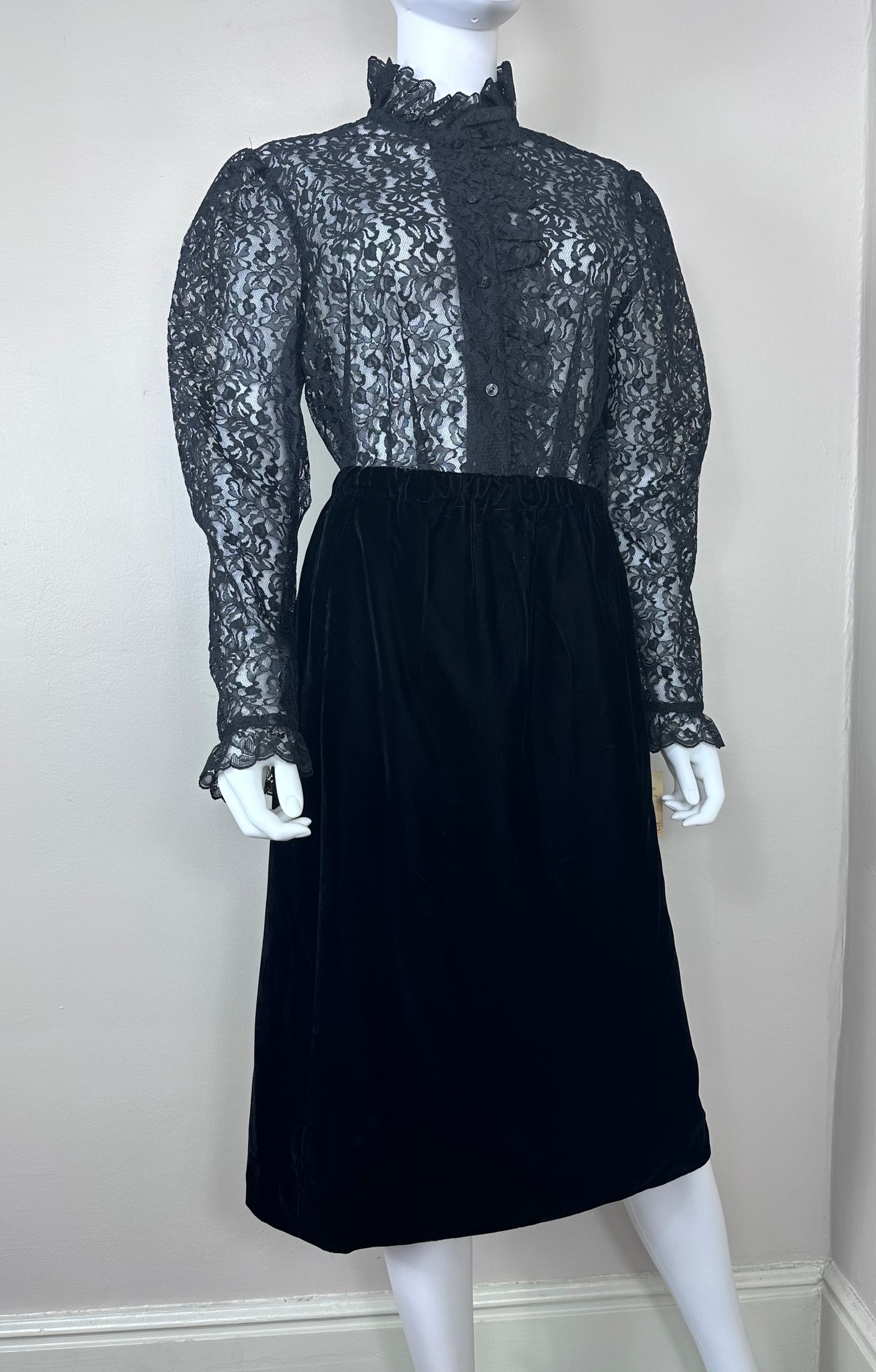 1970s Black Lace Victorian Inspired Blouse, Teddi of California Size XL, Deadstock with Tag