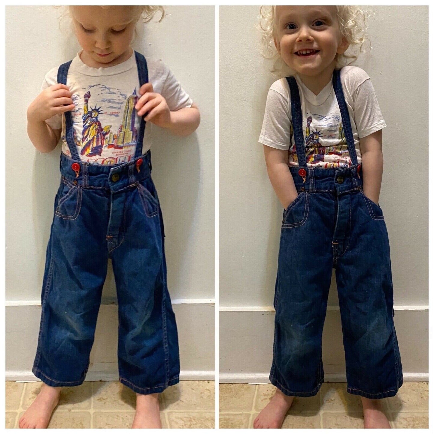 1950s Kids' Big Smith Suspender Blue Jeans, Cowboy Print Pockets, Size 2T