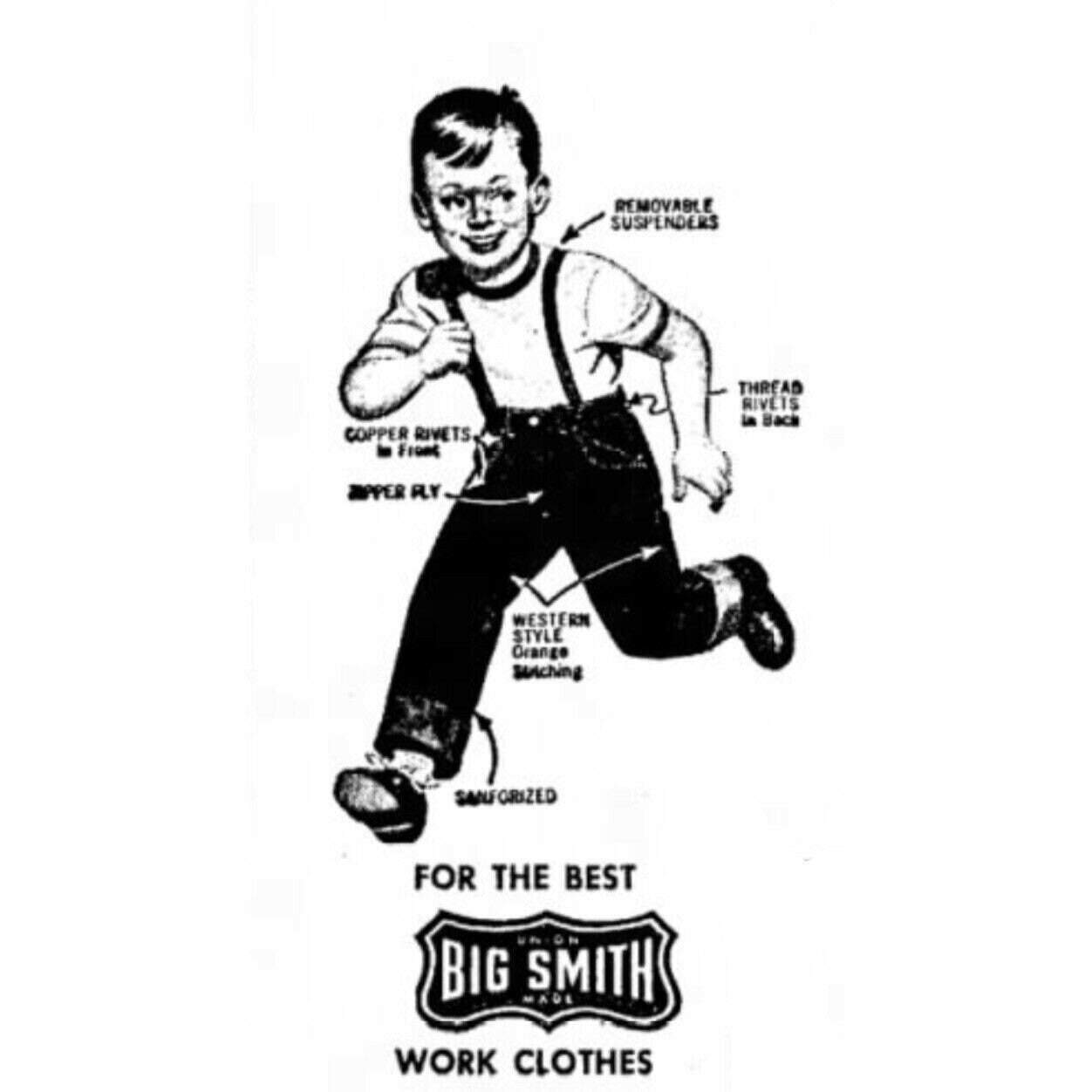 1950s Kids' Big Smith Suspender Blue Jeans, Cowboy Print Pockets, Size 2T