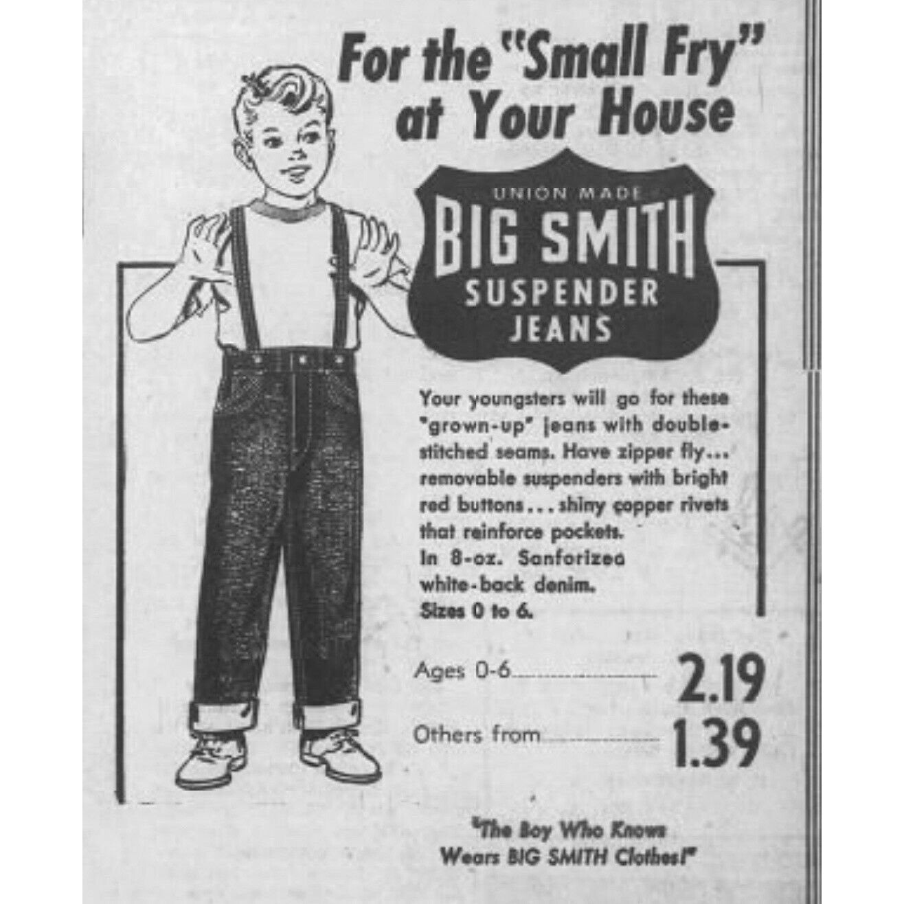 1950s Kids' Big Smith Suspender Blue Jeans, Cowboy Print Pockets, Size 2T
