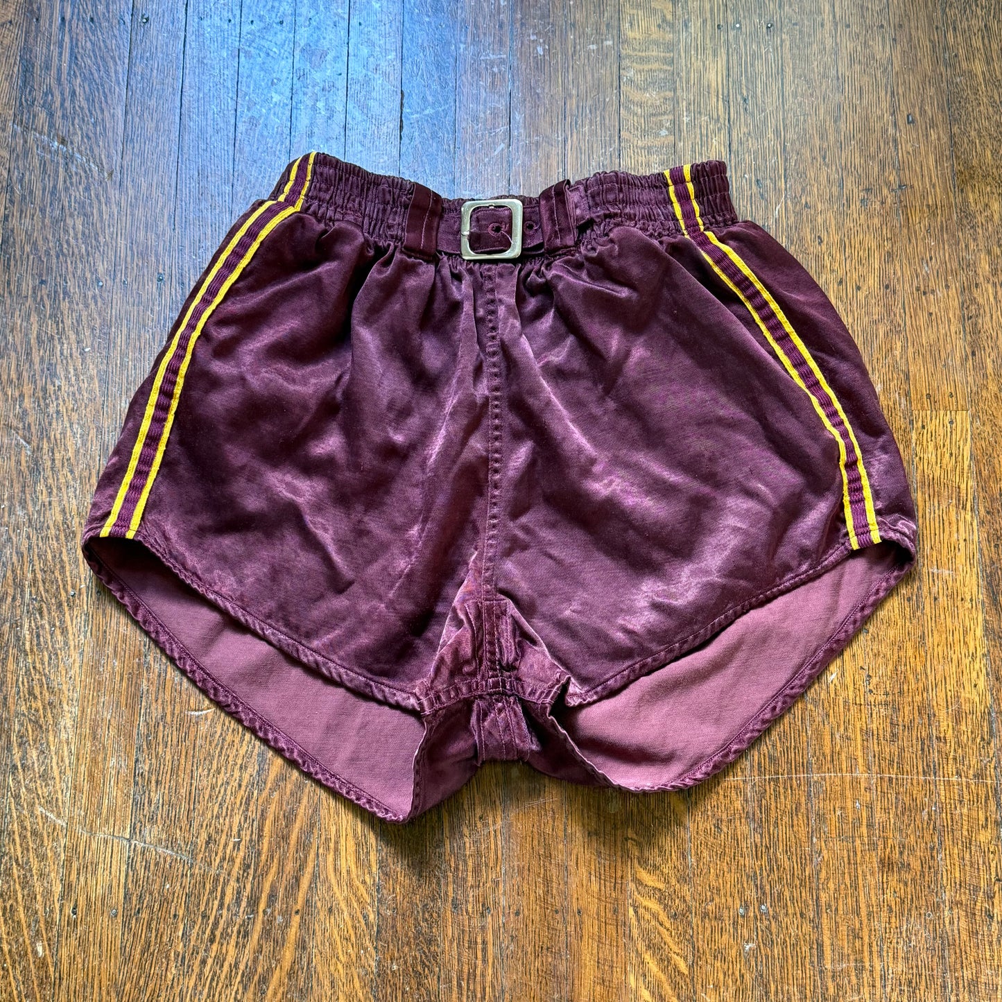 1950s Burgundy Athletic Shorts with Gold Stripes, Belt, Padded Hips, Oliver Bros Phila Pa Athletic Wear Size Small, Basketball? Boxing? Wrestling?