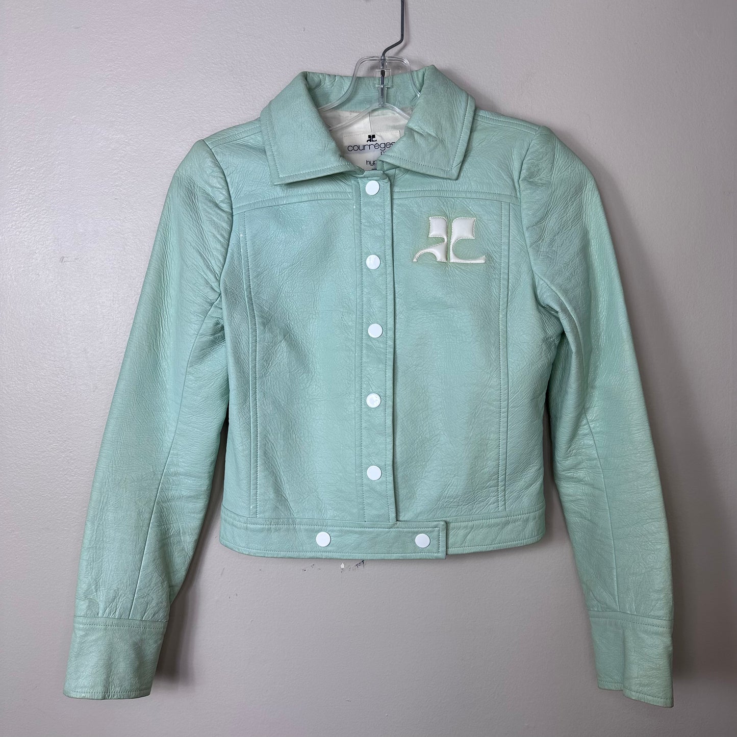 1970s Courrèges Paris Hyperbole Mint Green Vinyl Jacket, Size 00/XXS