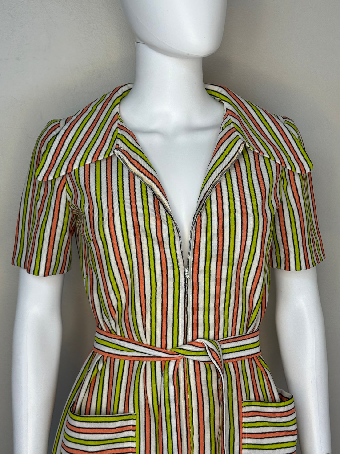 1970s Striped Mod Dress with Large Collar, Handmade, Size S/M, Double Knit Polyester Zip Front