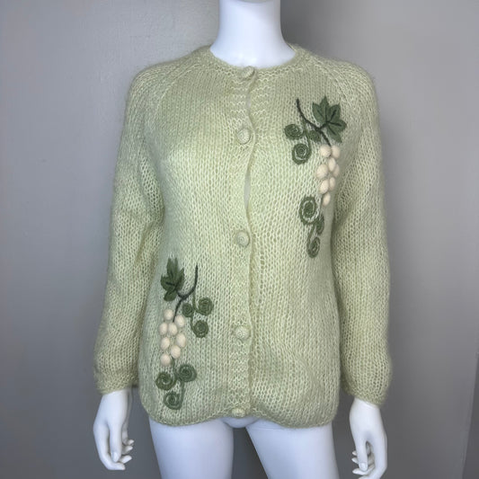 1960s Fuzzy Lime Green Cardigan Sweater with 3D Grapes Embroidery, Size Medium, Lined