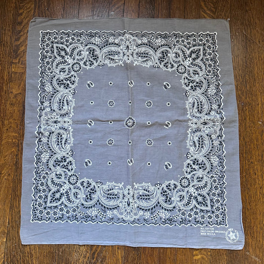 1980s Grey Floral and Paisley Bandana, Paris Accessories RN 13960, 20" x 22", Selvage Edge