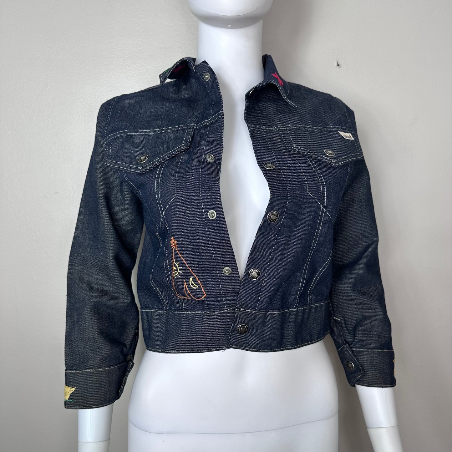 1970s Kids Blue Jean Jacket with Hand Stitched Embroidery, Toughskins Denim, Sears Boys Size 8/9