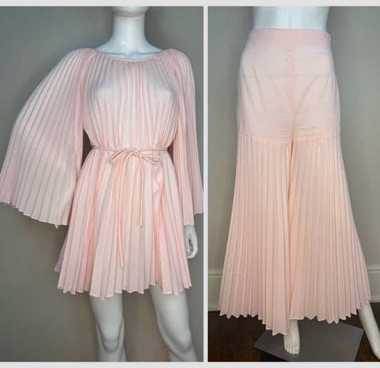 1960s Pastel Pink Pleated Mini Dress and Palazzo Pants Set, Bell Sleeves, Extra Wide Legs, Size XS-Small