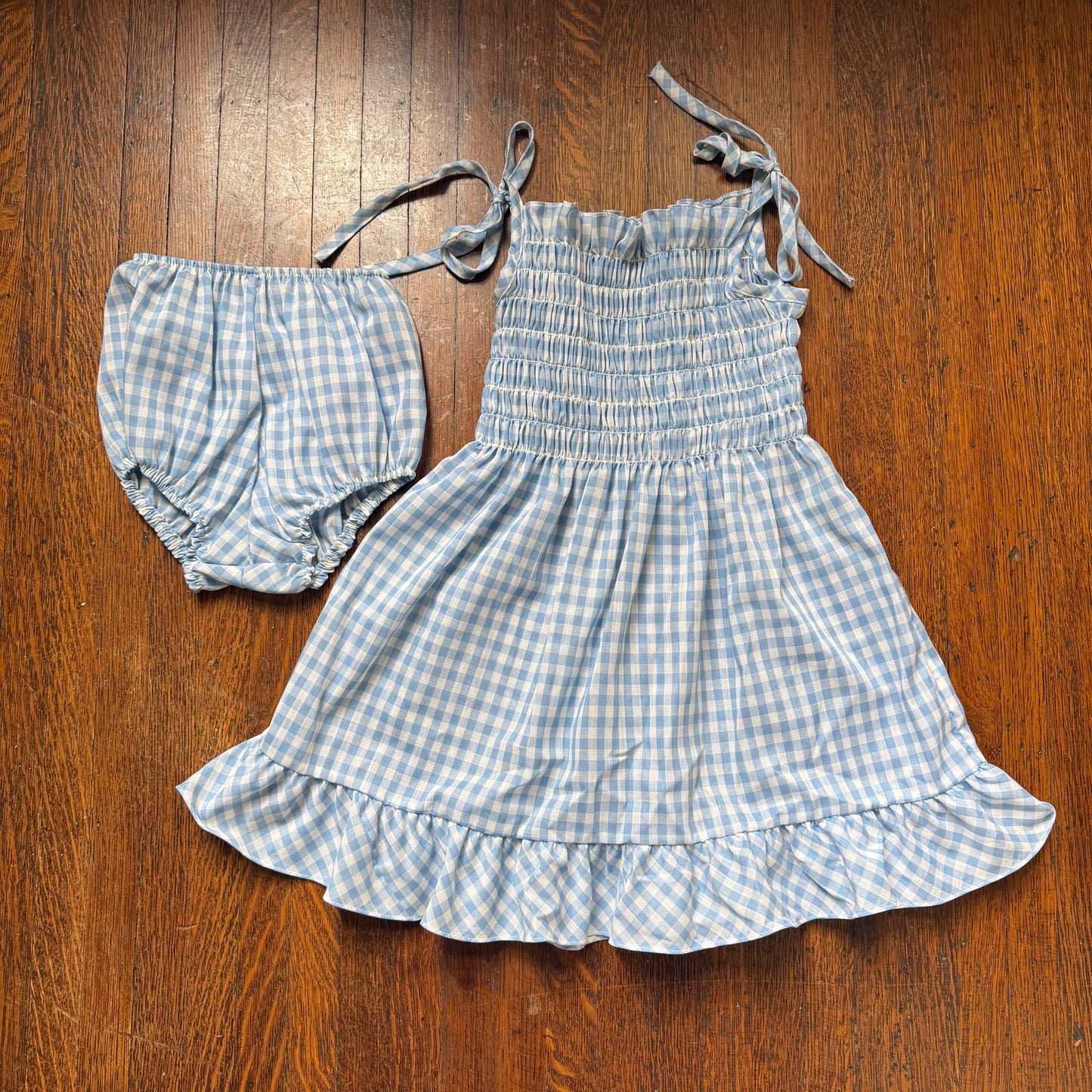1970s Girls’ Blue Gingham Sundress with Matching Bloomers, Holiday Sportswear of Miami Size 8/10