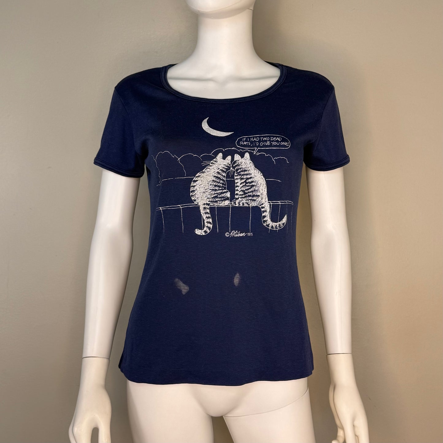 1970s B Kliban Cat T-Shirt, Crazy Shirts Baby Doll Tee Size Medium, If I Had Two Dead Rats I’d Give You One, 1975, French Cut, Femme