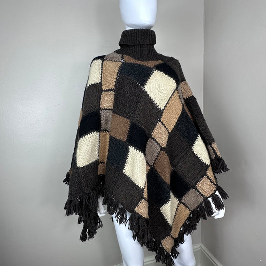1990s/Y2K Brown Patchwork Hand knitted Poncho, Lauren Ralph Lauren