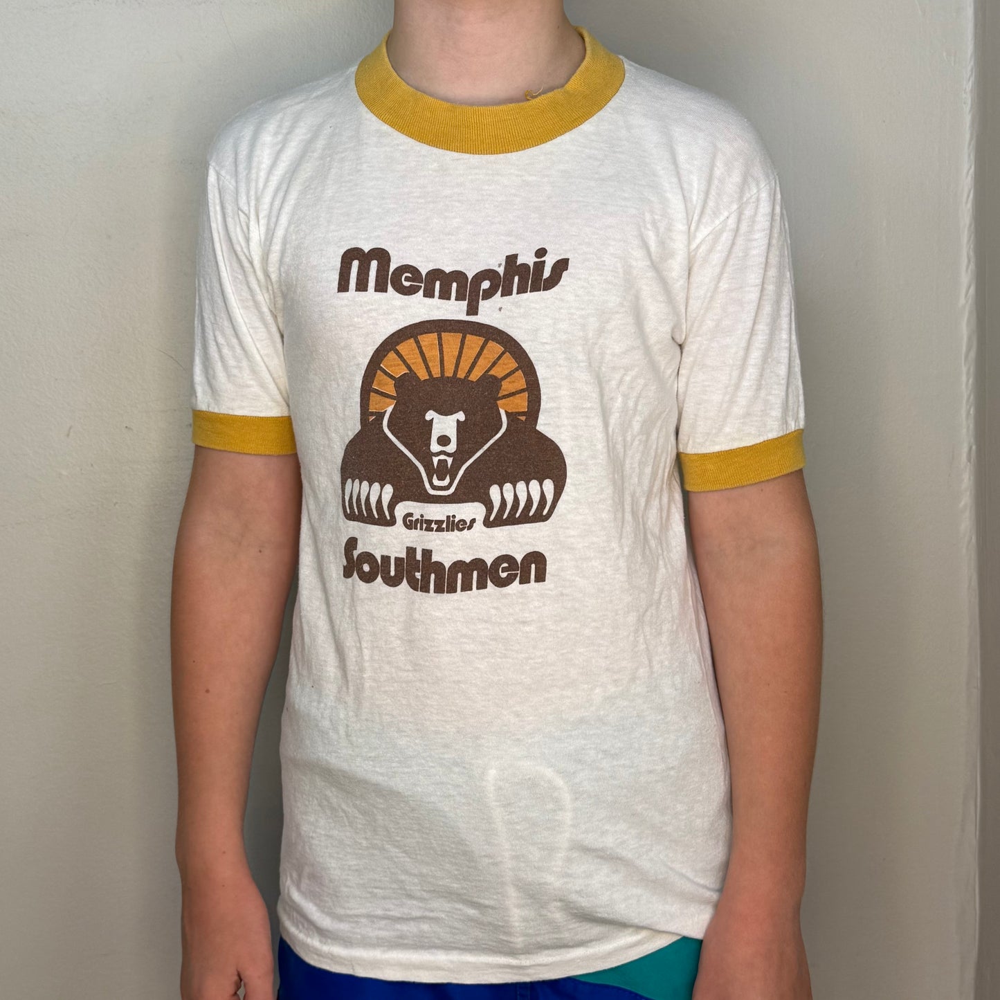 1970s Memphis Southmen Ringer T-Shirt, Youth M-L/Adult XS, World Football League, Grizzlies