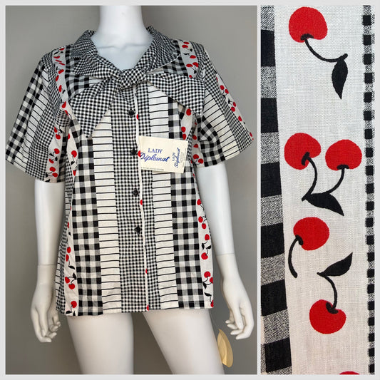 1980s Cherry Print Blouse with Tie at Neck, Lady Diplomat Size Large, Deadstock New With Tags, 80s does 50s