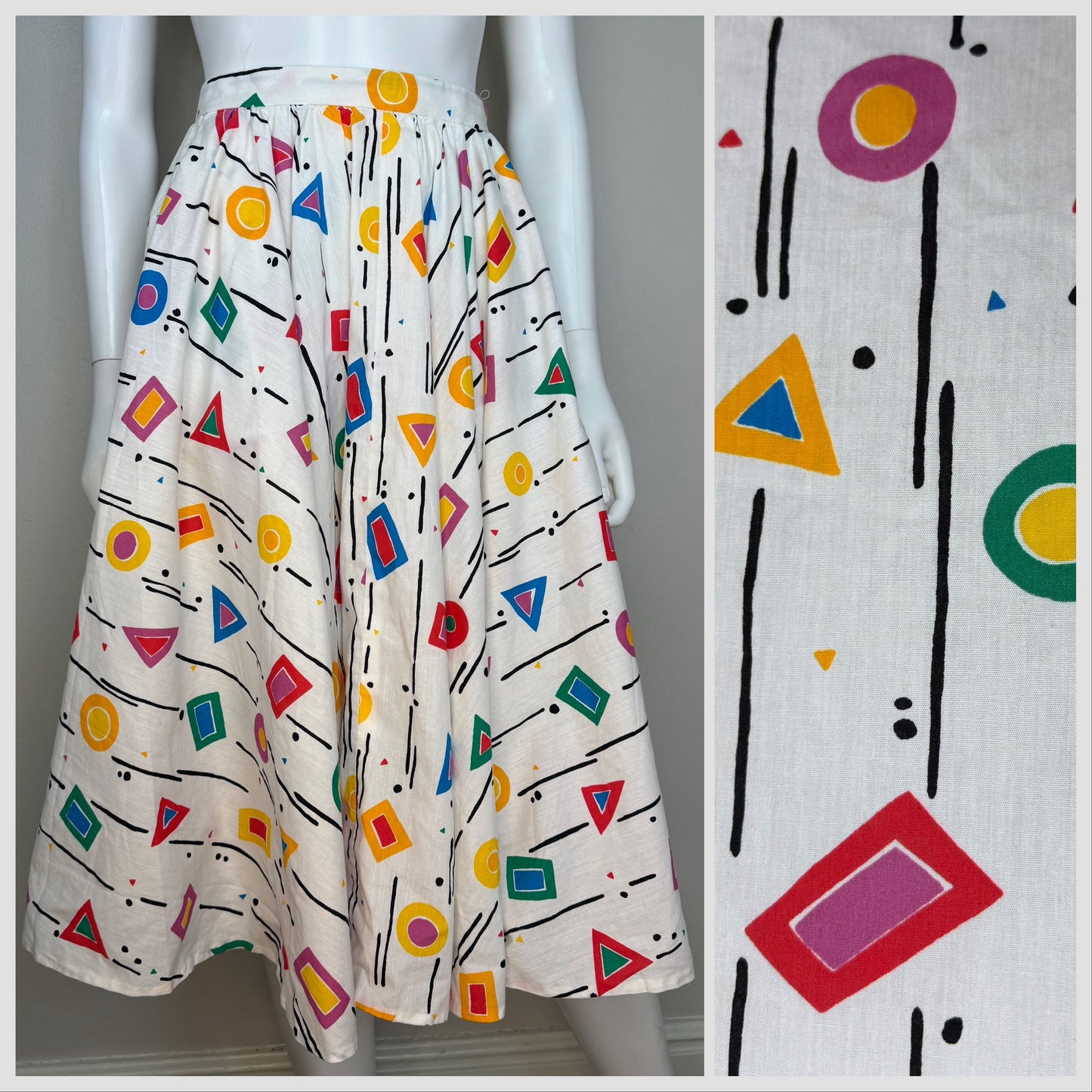 1980s Abstract Geometric Circle Skirt, Memphis Art Style, Handmade Size X-Small
