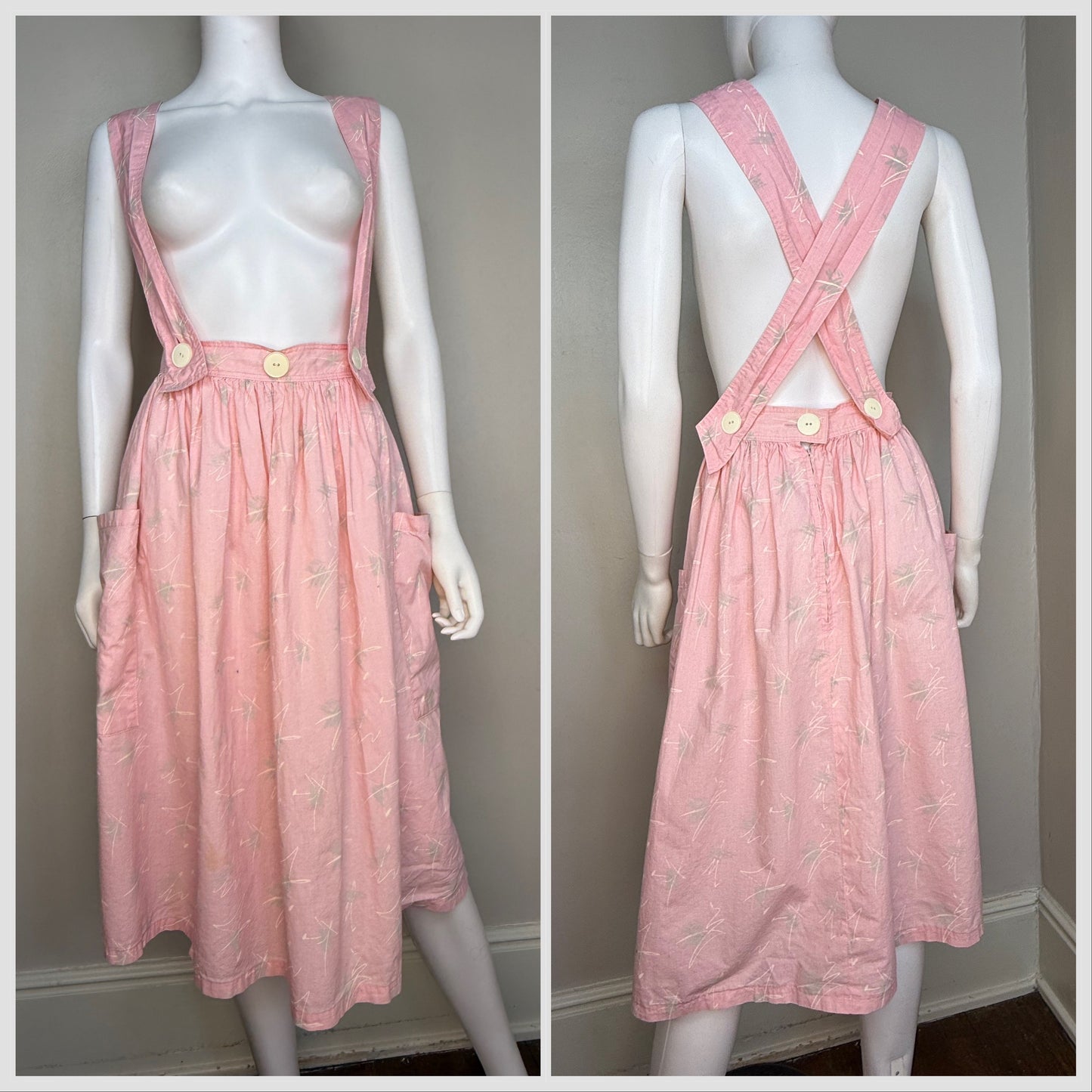 1980s Pastel Pink Abstract Geometric Skirt with Removable Suspender Straps, Scribble Art, Size Medium