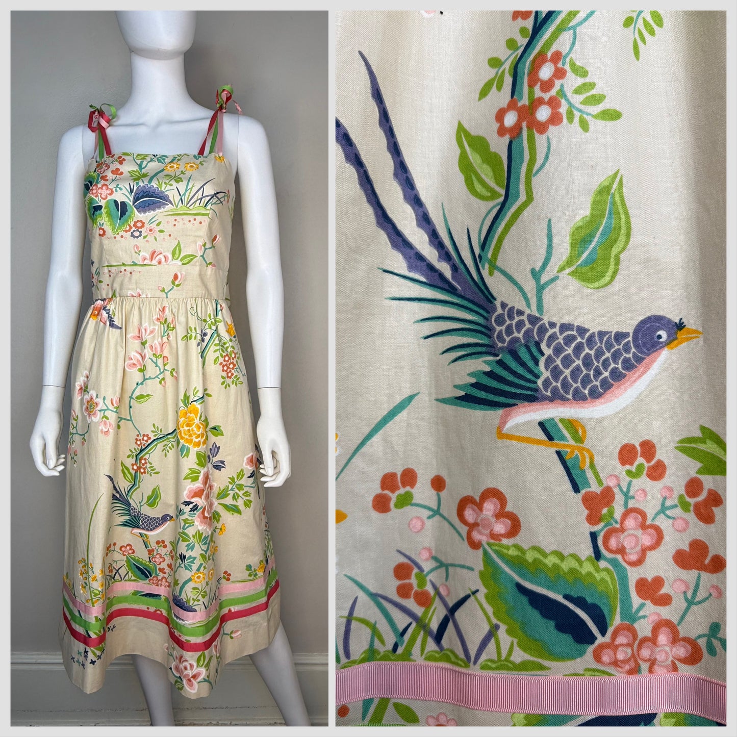 1980s Birds and Floral Sundress, Blair Woolverton Size XS, Sleeveless Dress, Grossgrain Ribbon Straps and Trim
