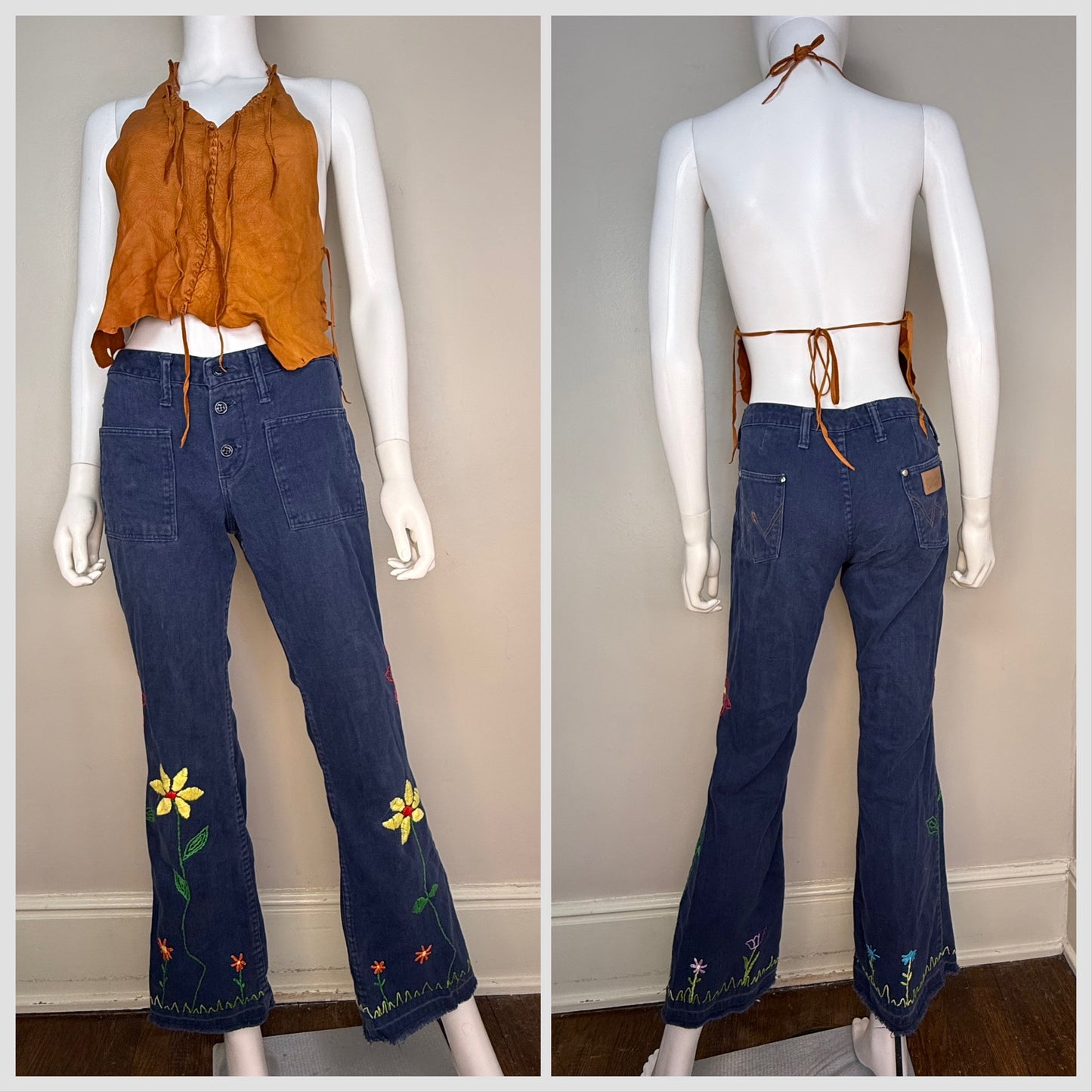 1960s Wrangler Jeans with Floral Embroidery, Low Rise, Flare Leg, Navy Brushed Denim, Hand Embroidered, 26.5"x29"