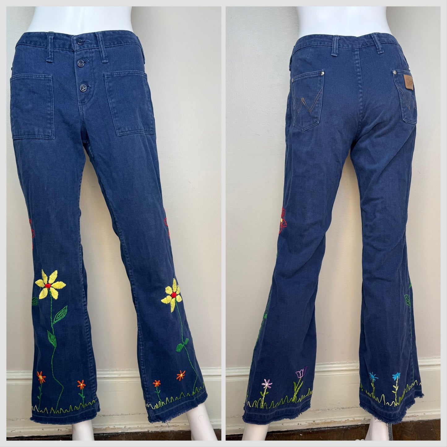 1960s Wrangler Jeans with Floral Embroidery, Low Rise, Flare Leg, Navy Brushed Denim, Hand Embroidered, 26.5"x29"