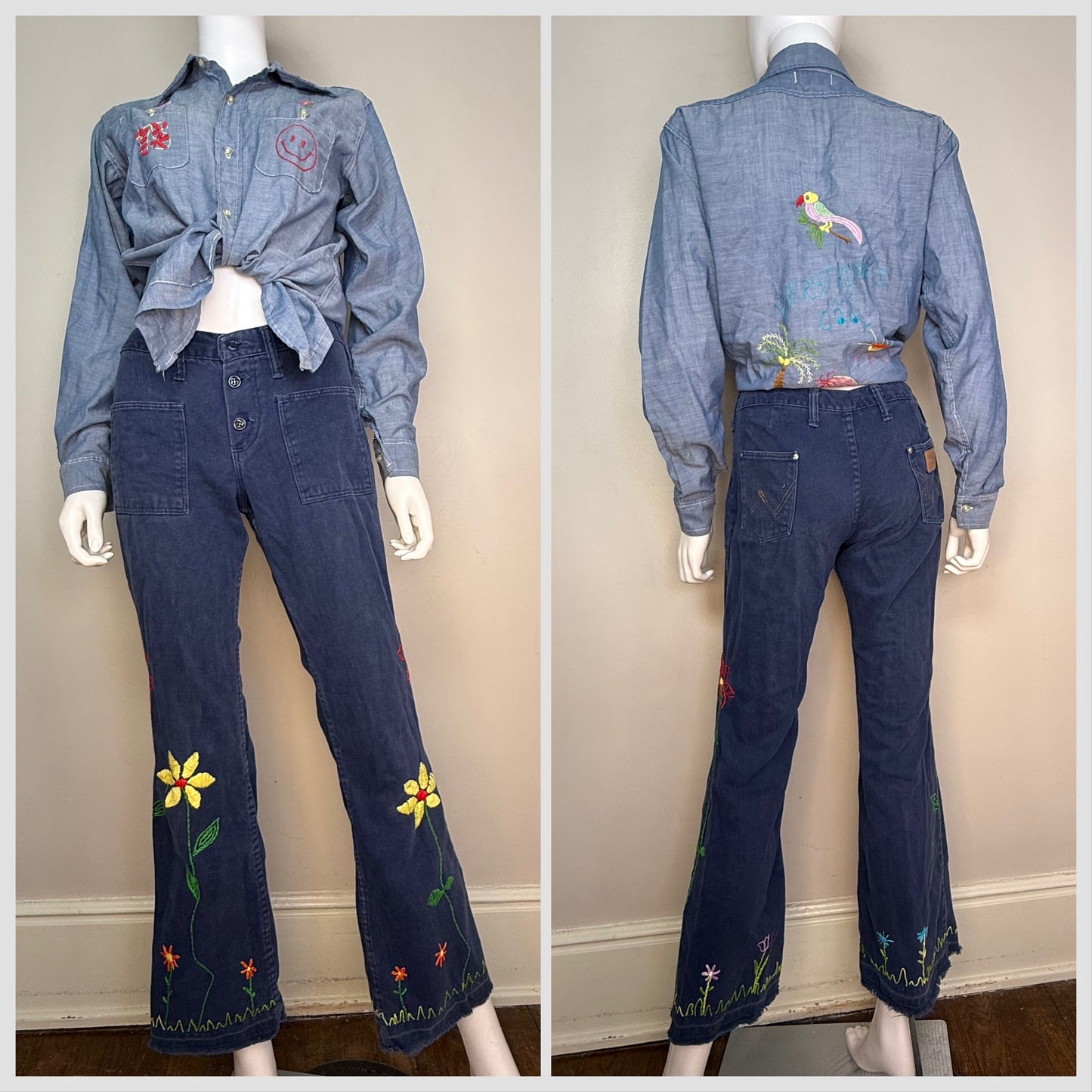 1960s Wrangler Jeans with Floral Embroidery, Low Rise, Flare Leg, Navy Brushed Denim, Hand Embroidered, 26.5"x29"