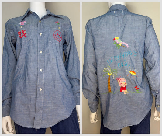 1970s Chambray Shirt with Embroidery, Size Small, Everything’s Fine, Shroom, Smiley, Hand Embroidered