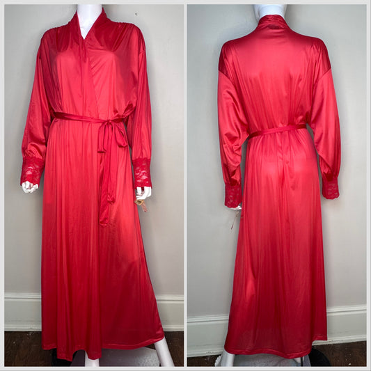 1980s Red Nylon Full Length Robe, Vanity Fair Size Large, Deadstock with Tags