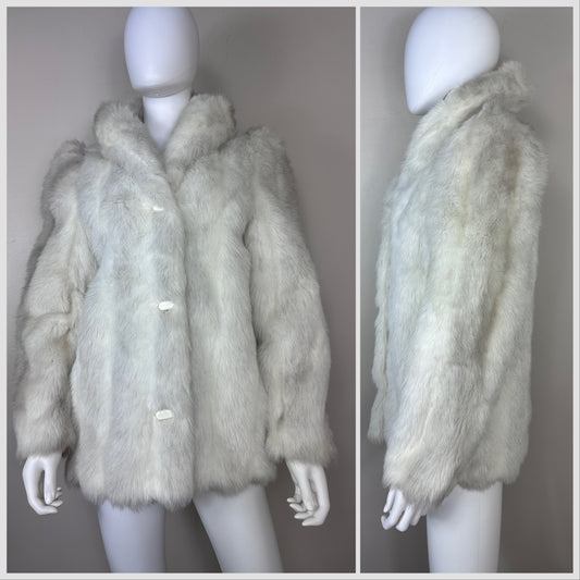 1980s Beige Faux Fur Coat, Heart Warmers Size Youth Large/Adult XS, White Fox